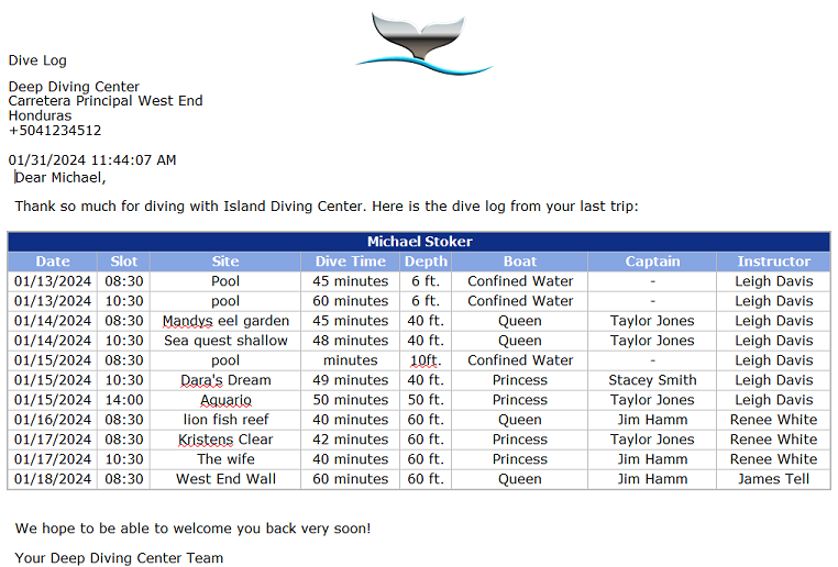dive log for your customers