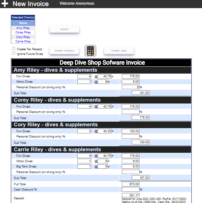 invoice for dive school or dive shop