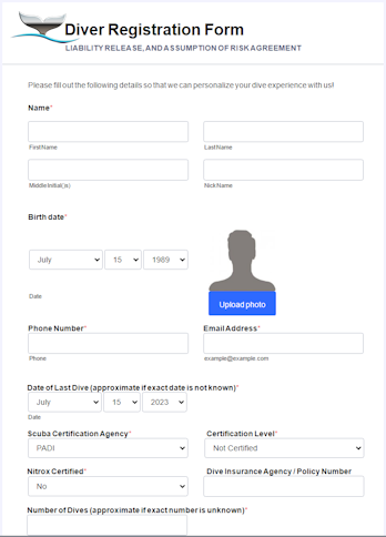 electronic registration form for divers