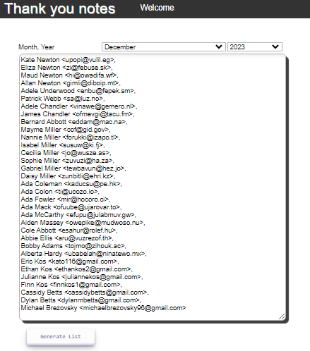 a list of divers to include in a thank you email